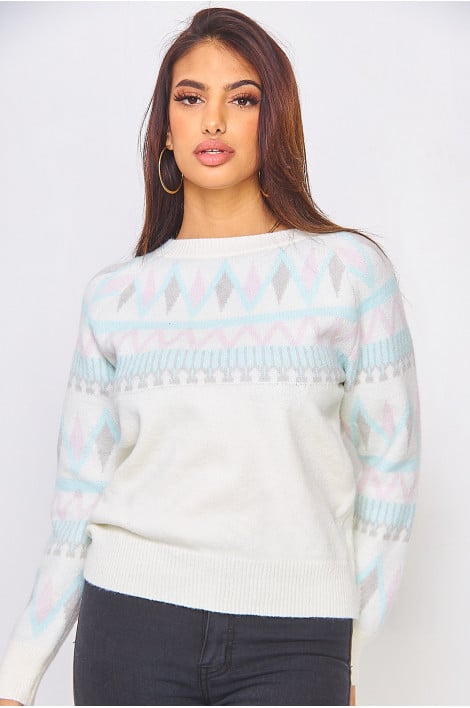 Pull en mailles blanc à motifs graphiques