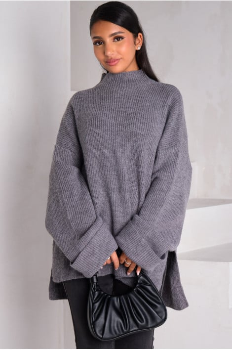 Pull gris en maille côtelée texturée