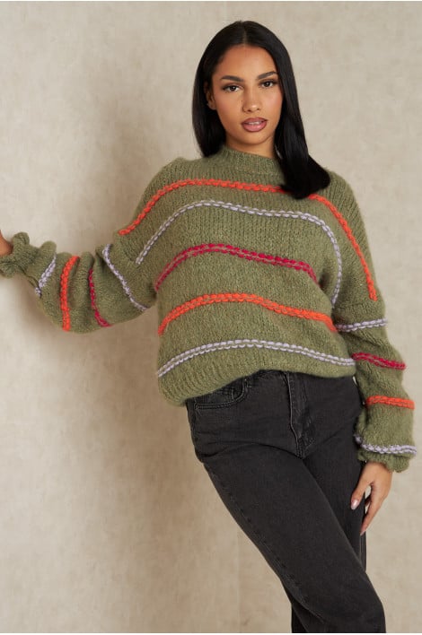 Pull kaki en laine à rayures multicolore