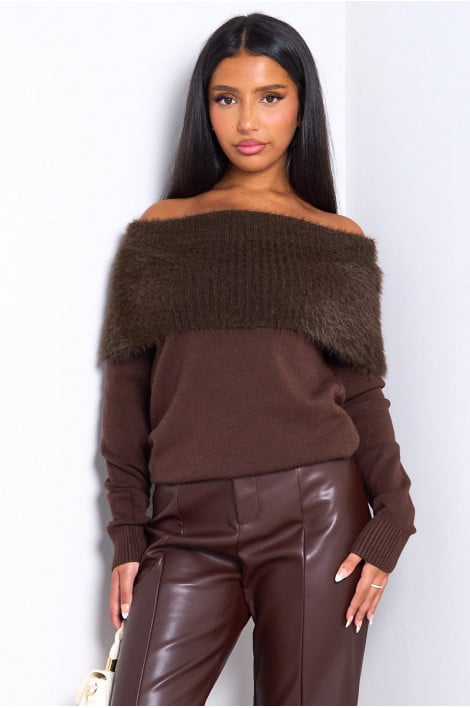 Pull marron bi-matière à col bardot