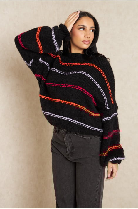 Pull noir à rayures multicolore