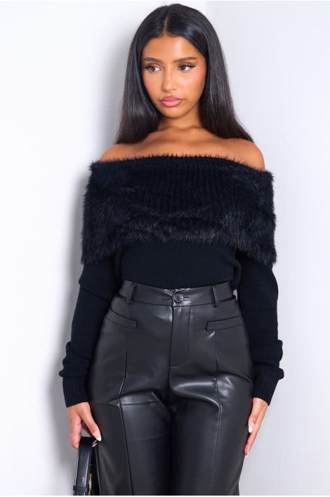Pull noir bi-matière à col bardot