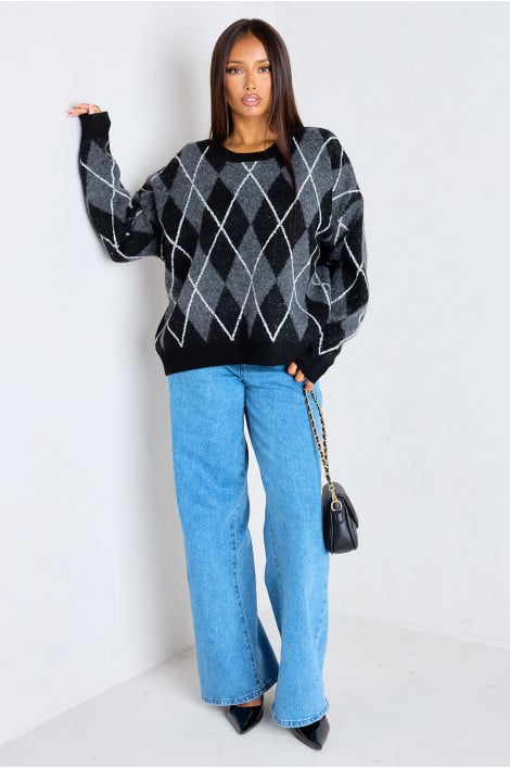 Pull noir en laine à motifs losanges écossais