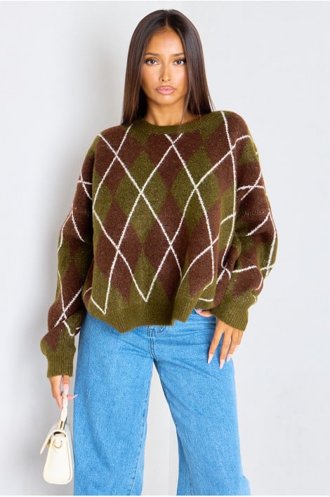 Pull vert en laine à motifs losanges écossais