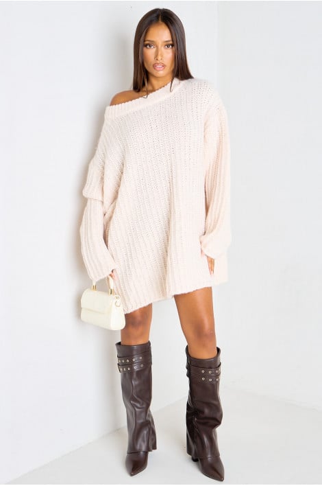 Robe pull longue beige en maille épaisse