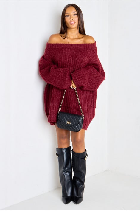 Robe pull longue bordeaux en maille épaisse