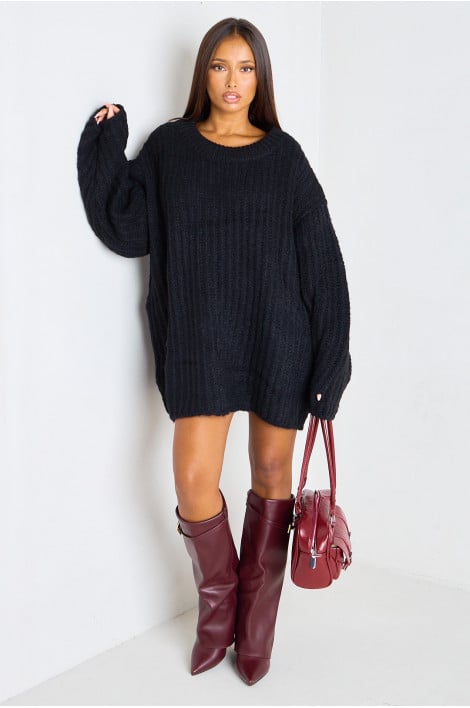 Robe pull longue noir en maille épaisse
