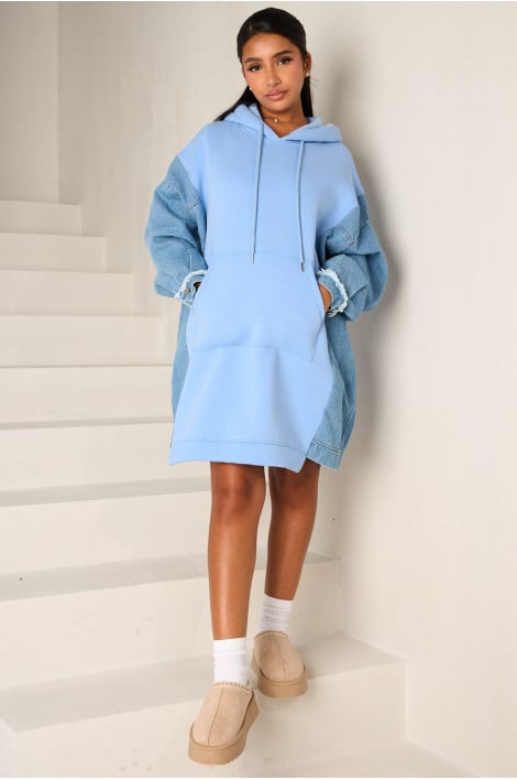 Sweat ample bi-matière en jean bleu
