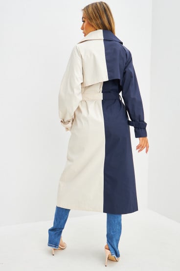 Trench long bicolore beige et bleu marine