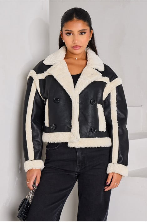 Veste aviateur courte noire et beige