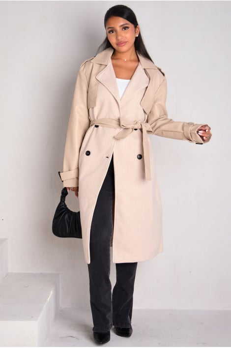 Veste bi-matière en simili cuir beige