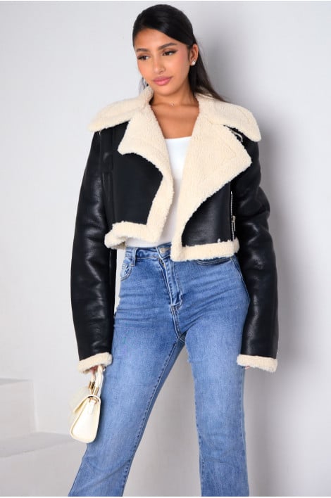 Veste bi-matière en simili cuir noir et beige