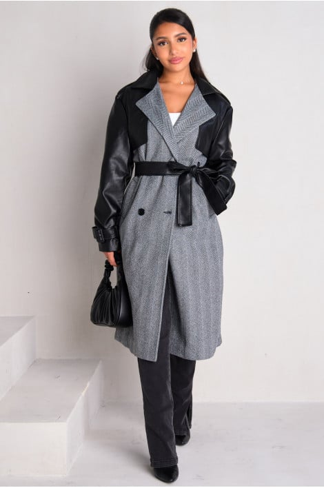 Veste bi-matière en simili cuir noir
