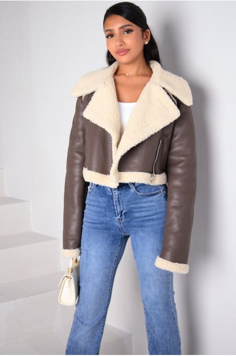 Veste bi-matière en simili cuir taupe