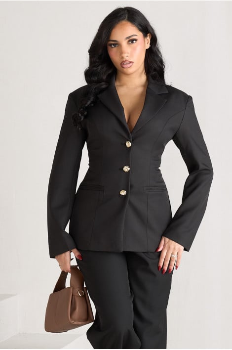 Veste blazer noire cintrée à boutons dorés