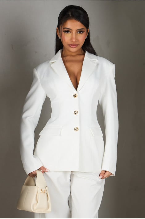 Veste blazer taupe cintrée à boutons blanc