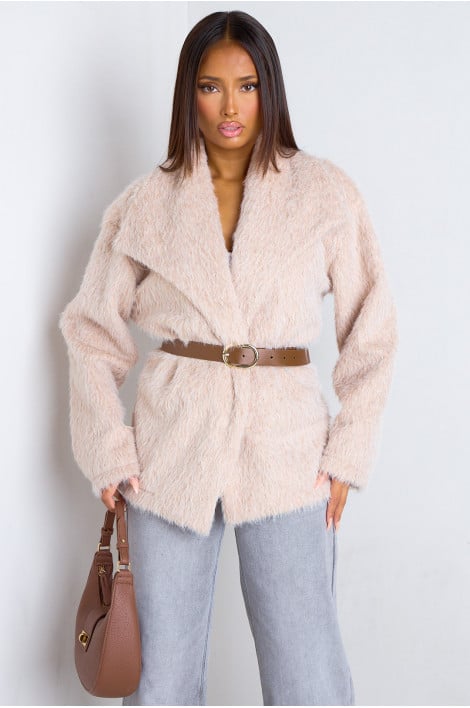 Veste ceinturée en fausse fourrure beige à poils mi-long