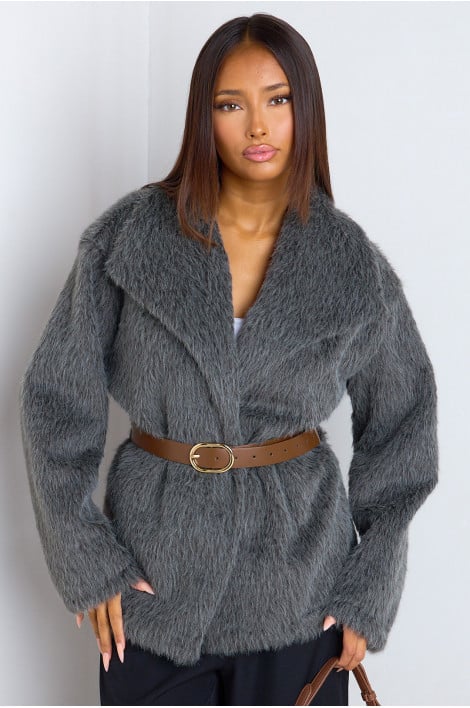 Veste ceinturée en fausse fourrure grise à poils mi-long
