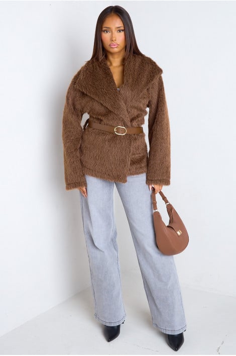 Veste ceinturée en fausse fourrure marron à poils mi-long