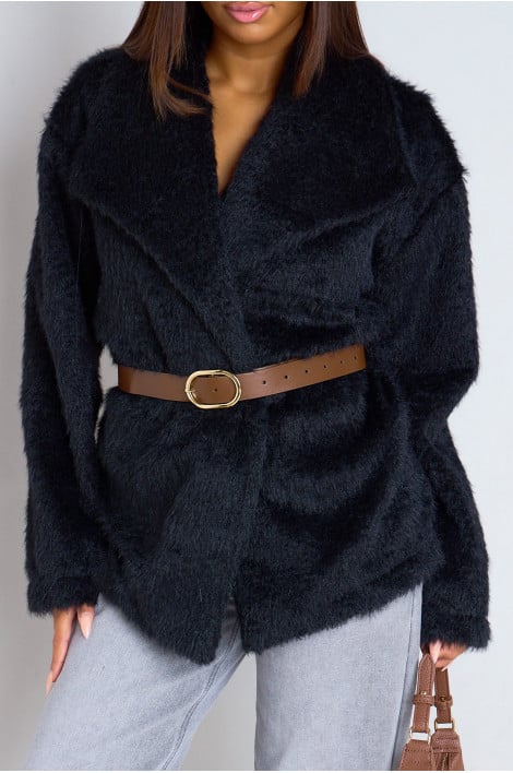 Veste ceinturée en fausse fourrure noire à poils mi-long