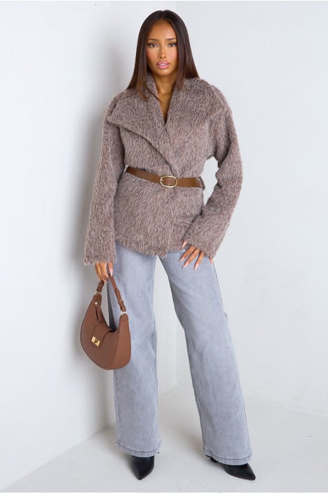 Veste ceinturée en fausse fourrure taupe à poils mi-long