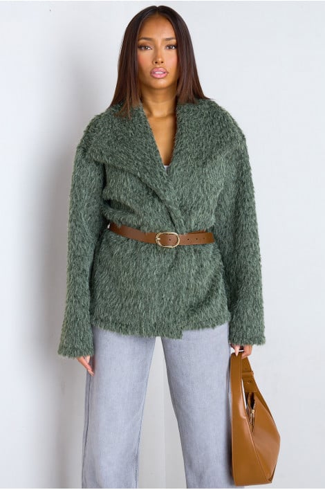 Veste ceinturée en fausse fourrure verte à poils mi-long