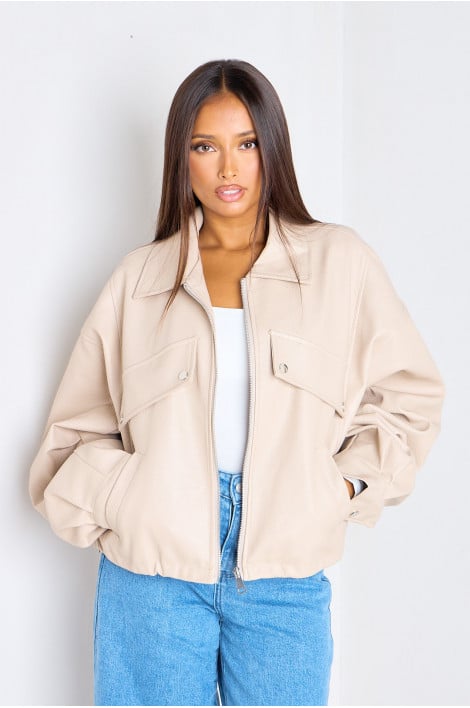 Veste courte en simili-cuir beige à manches froncées