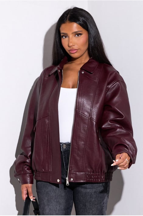 Veste courte en simili-cuir bordeaux