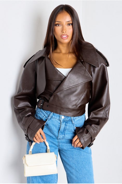Veste courte en simili-cuir marron à empiècements