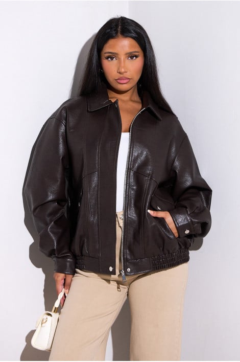Veste courte en simili-cuir marron