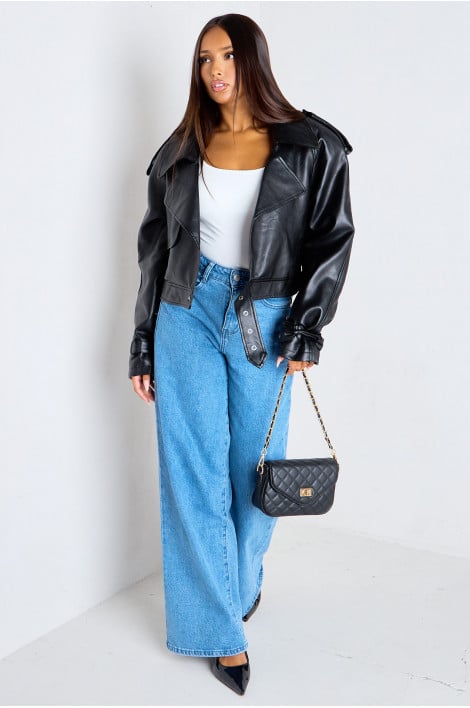 Veste courte en simili-cuir noir à empiècements