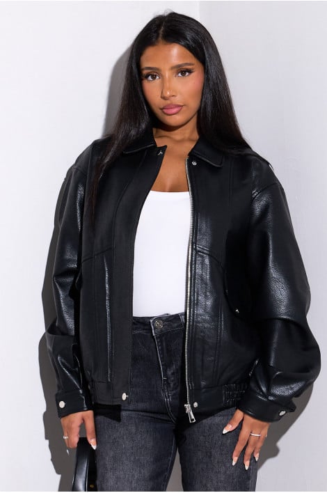 Veste courte en simili-cuir noir