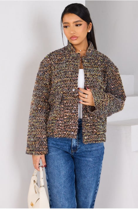 Veste courte texturée à sequins noire