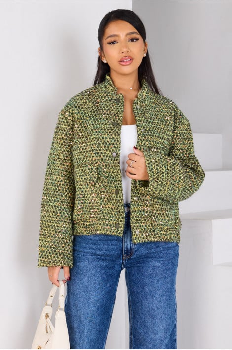 Veste courte texturée à sequins verte