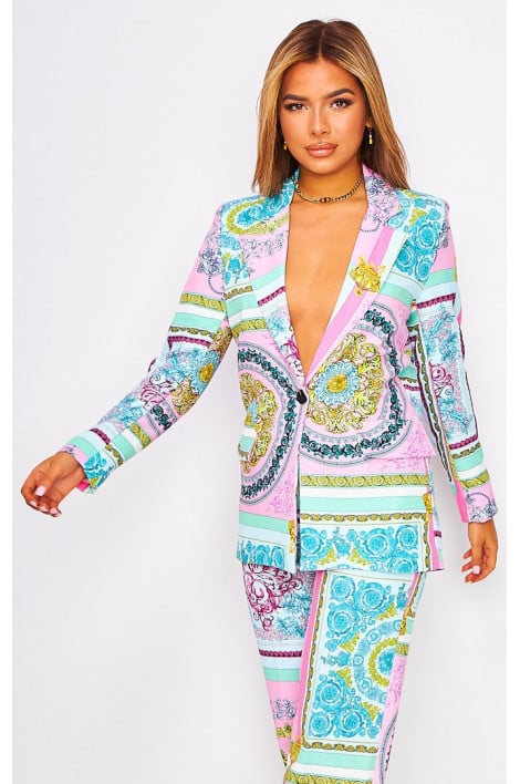 Veste de blazer bleu/rose imprimé baroque