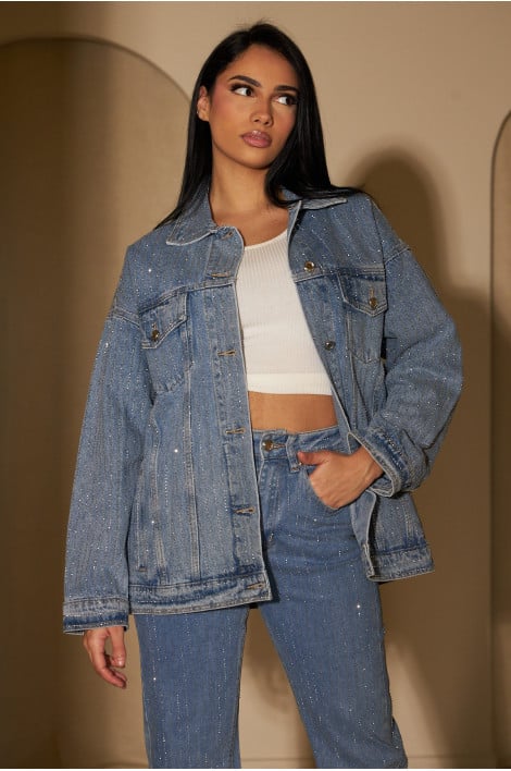 Veste en jean bleu clair à strass
