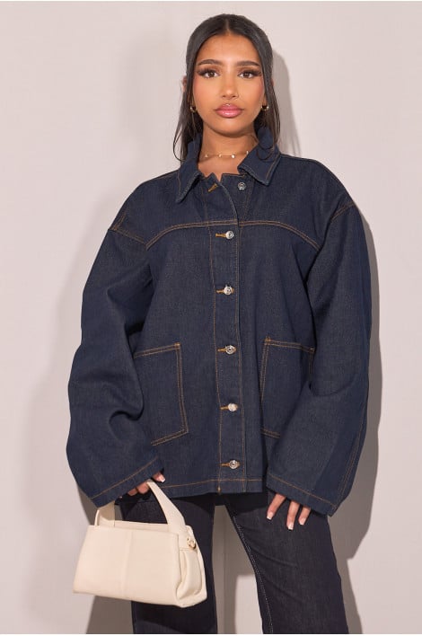 Veste en jean bleu foncée à boutons et poches