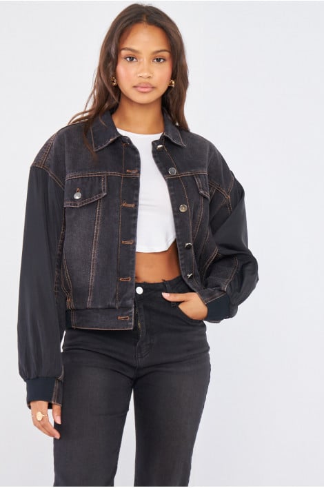 Veste en jean noir bi-matière