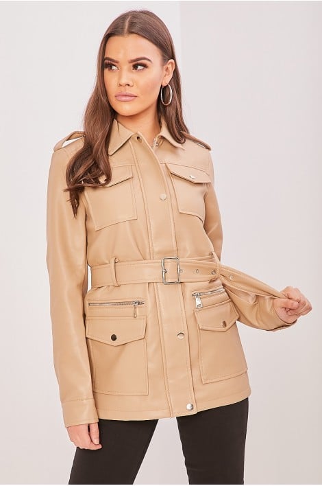 Veste en simili cuir beige à multipoches