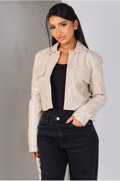 Veste en vinyle brillant beige à poches