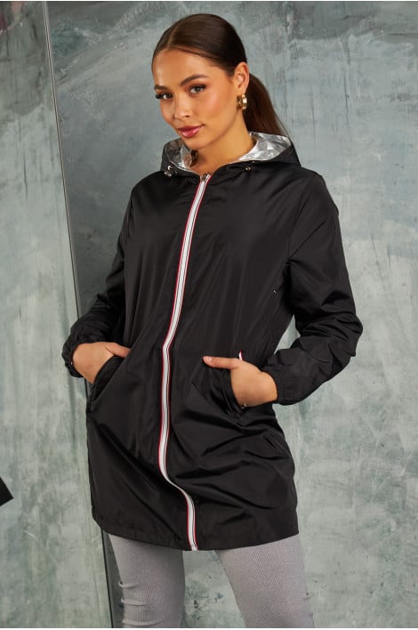 Veste imperméable mi-longue réversible noire ou gris métallisé