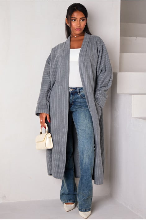 Veste longue à rayures gris