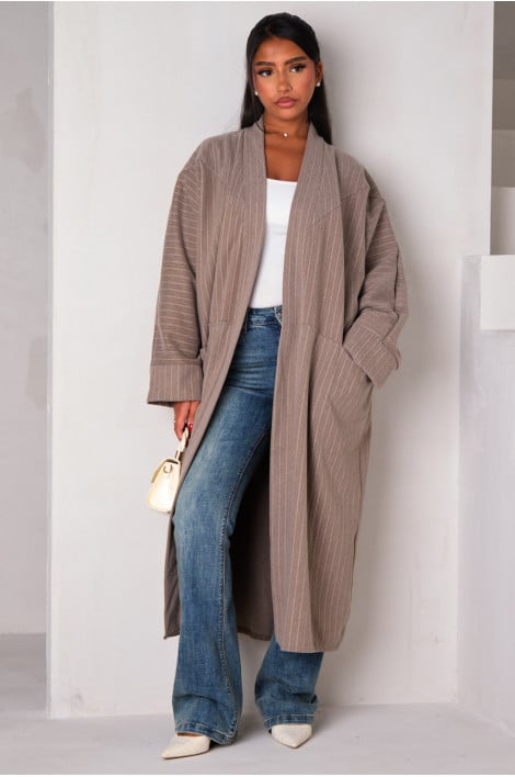 Veste longue à rayures taupe