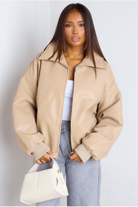 Veste style bomber beige en similicuir à doublure matelassée