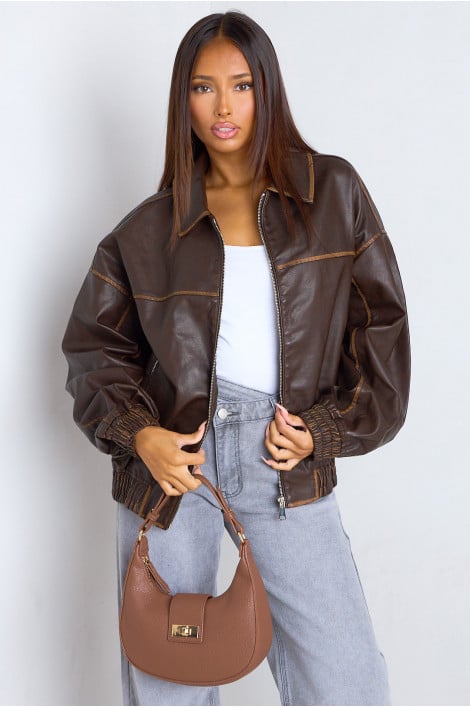Veste style bomber marron en similicuir