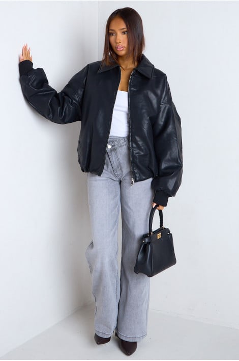 Veste style bomber noire en similicuir à doublure matelassée