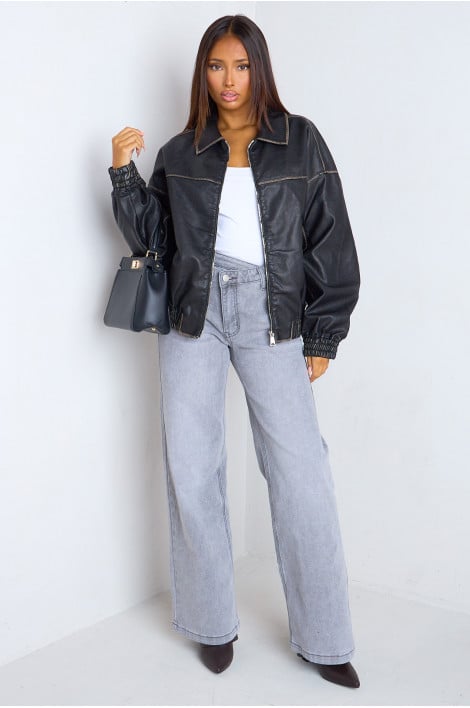 Veste style bomber noire en similicuir