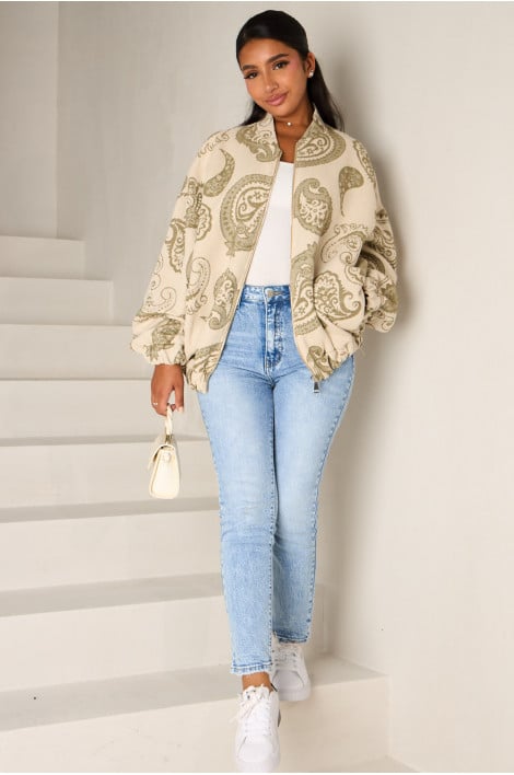 Veste sweat beige à motif kaki
