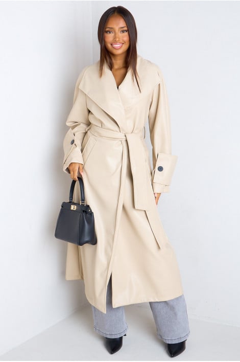 Veste trench longue beige en similicuir