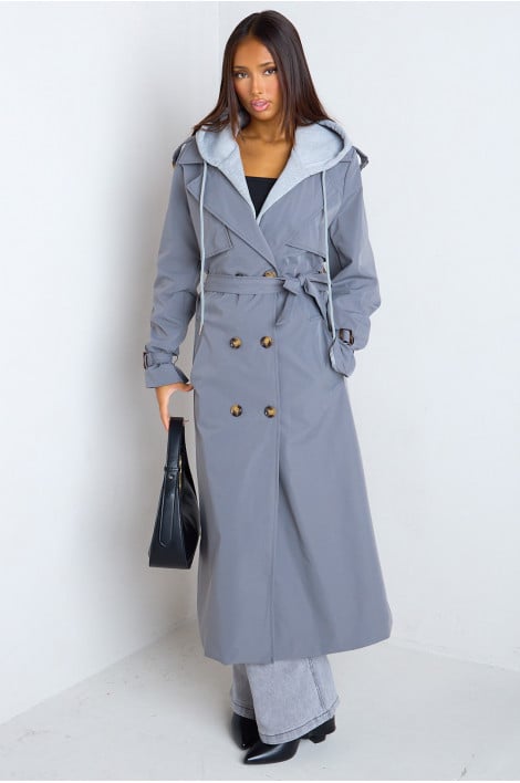 Veste trench longue bleu marine à empiècement capuche